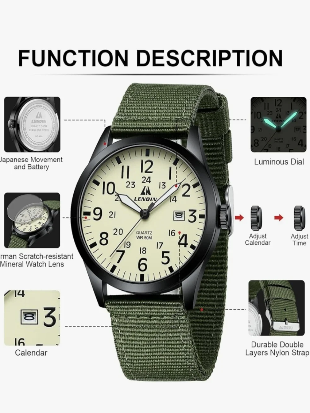 Lenqin Unisex Militart Sport Nylon Strap Analog Quartz Wrist Watch